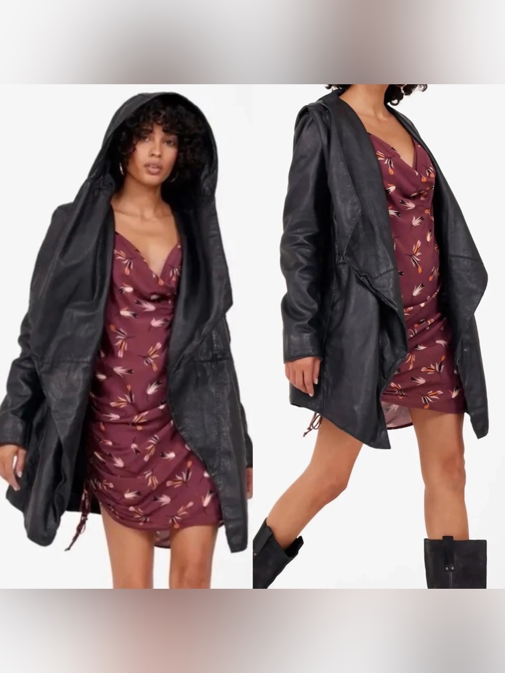 Free People X Mauritius Black Hooded Leather Jacket